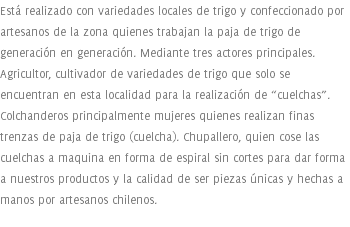 Está realizado con variedades locales de trigo y confeccionado por artesanos de la zona quienes trabajan la paja de trigo de generación en generación. Mediante tres actores principales. Agricultor, cultivador de variedades de trigo que solo se encuentran en esta localidad para la realización de “cuelchas”. Colchanderos principalmente mujeres quienes realizan finas trenzas de paja de trigo (cuelcha). Chupallero, quien cose las cuelchas a maquina en forma de espiral sin cortes para dar forma a nuestros productos y la calidad de ser piezas únicas y hechas a manos por artesanos chilenos.